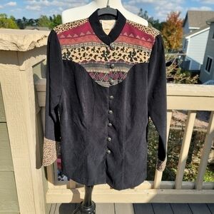 A NEW FRONTIER VINTAGE LEOPARD PRINT BUTTON DOWN SUEDE WESTERN SHIRT, SZ MEDIUM